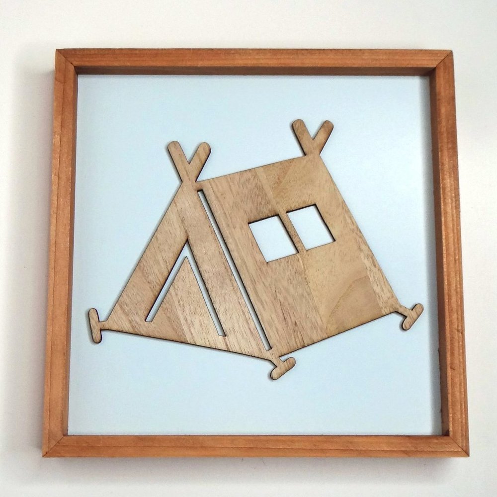 Wood  Camping Tent Cut Out on Light Blue Background and Natural Wood Framed Art